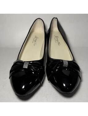 MING KE Slip-On 2 inch Heels Almond Toe Pump Bow Black